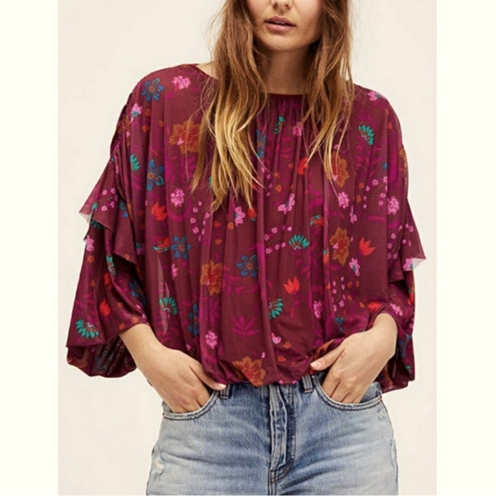 Free People Maroon Floral Boho Ruffle Sleeved Top | Medium